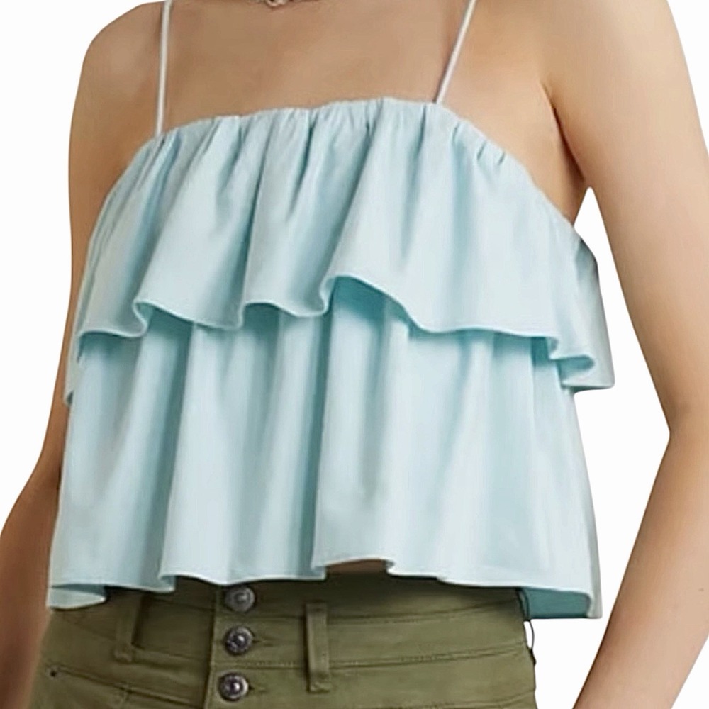 Alice + Olivia Sky Blue Sleeveless Tiered Ruffle Crop Top Size‎ 14 Linen Blend